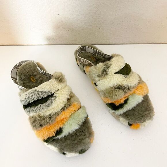 UGG fluff slippers in olive Cali camo with orange. 8 - Picture 8 of 13
